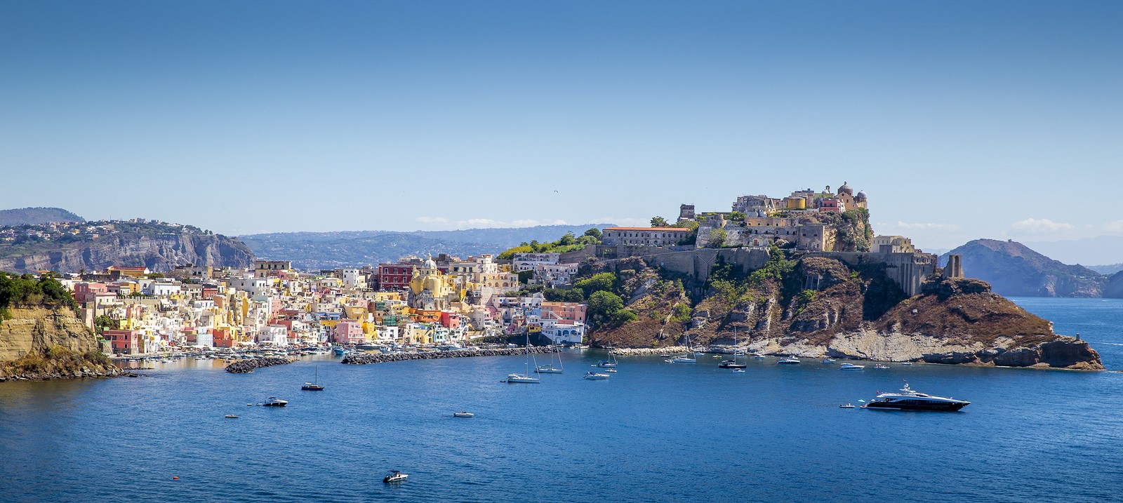 Panorama of Procida Island with view on Corricella village, Italy